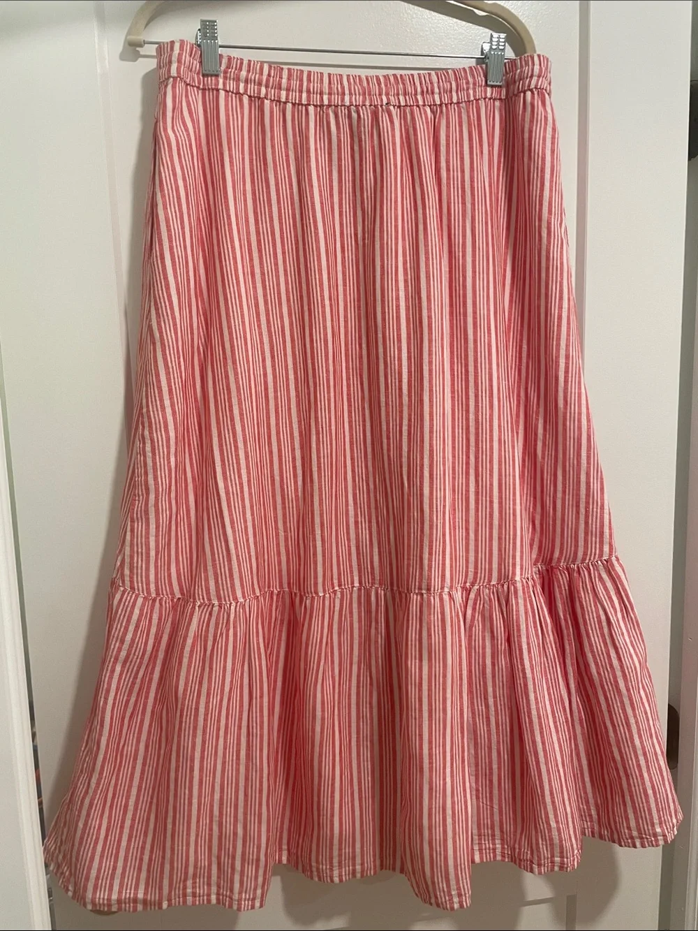 Talbots Linen-blend Pink and White Striped Tiered Drawstring Skirt